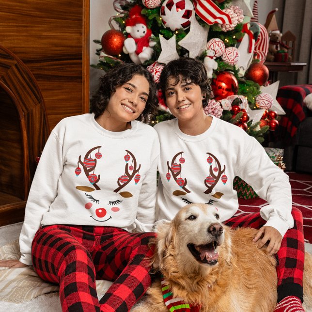 Adorable Deer Face & Ornaments on Antlers Women's Sweatshirt (Adorable Deer Face & Ornaments on Antlers Women's Sweatshirt)