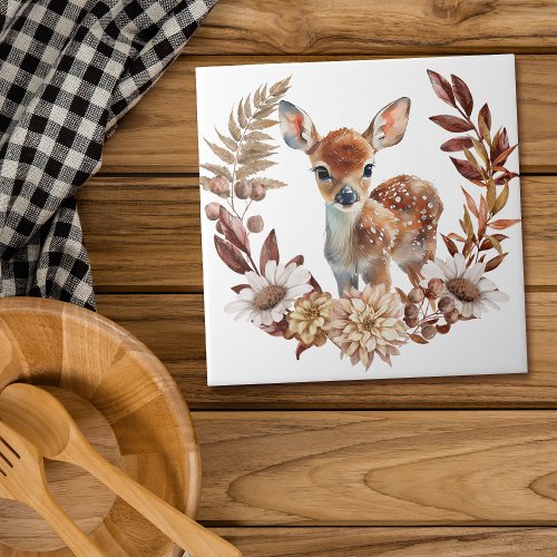 Adorable Deer Fawn Autumn Wreath Ceramic Tile