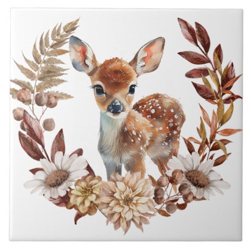 Adorable Deer Fawn Autumn Wreath Ceramic Tile