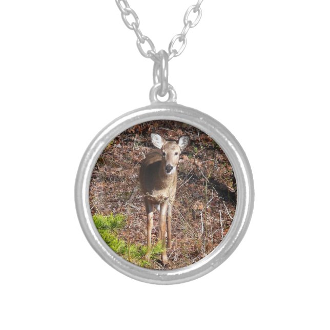 Adorable Deer in the Woods Nature Photography Silver Plated Necklace (Front)