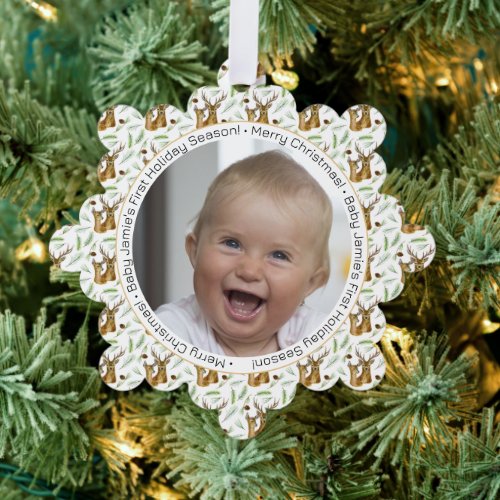 Adorable Deer Pattern Babys First Christmas Ornament Card