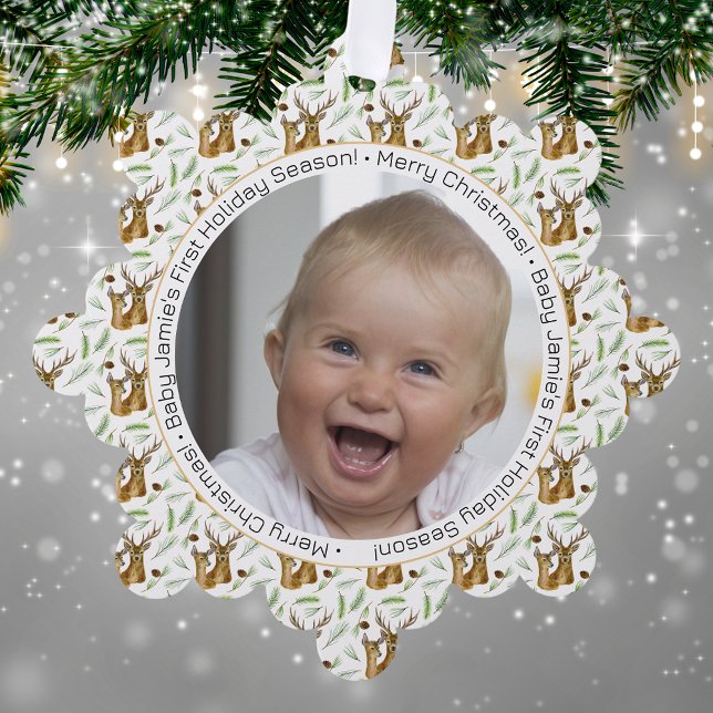 Adorable Deer Pattern Baby's First Christmas Ornament Card (Creator Uploaded)