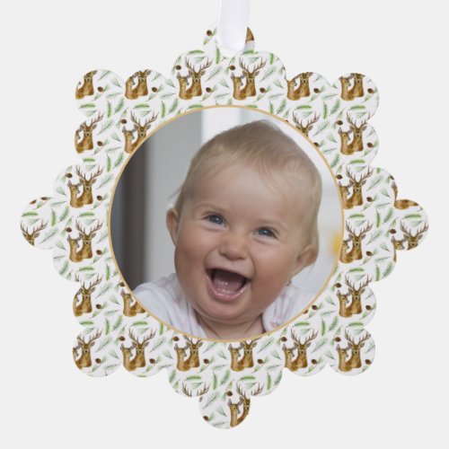 Adorable Deer Pattern Babys First Christmas Photo Ornament Card