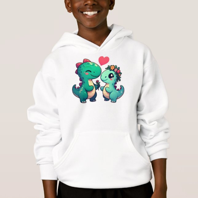 Adorable Dino Love: Cute Dinosaurs Sharing a Heart Hoodie (Front)
