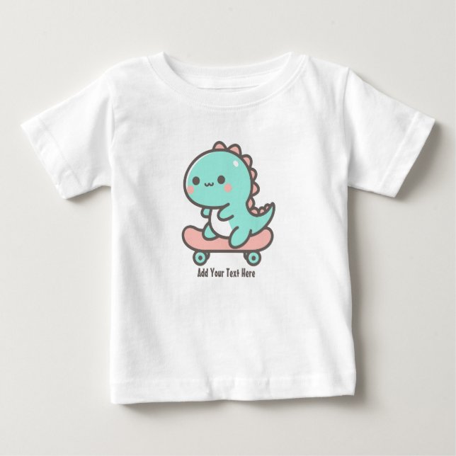 Adorable Dino on Skateboard Personalized Text  Baby T-Shirt (Front)