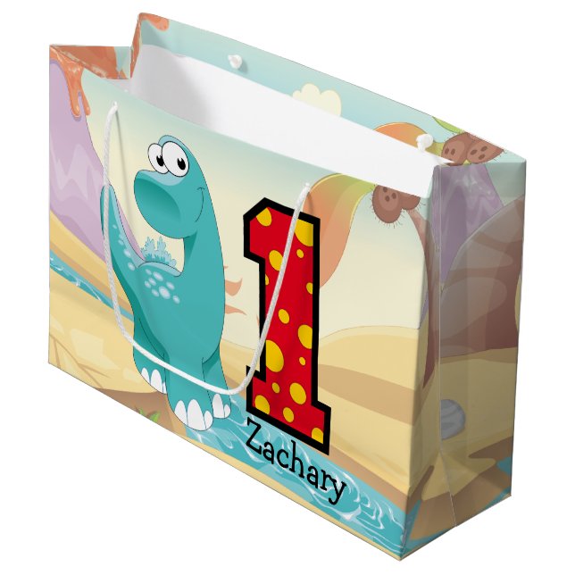 Adorable Dinosaur 1st Birthday Party Custom Large Gift Bag (Front Angled)