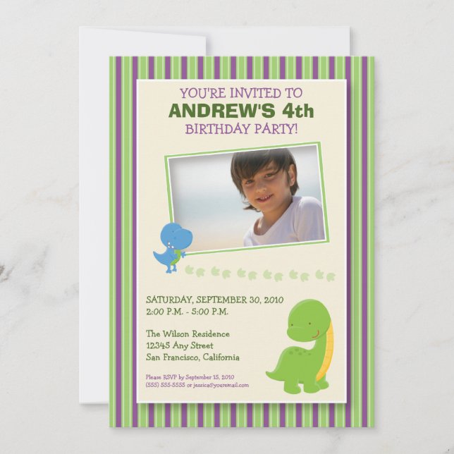 Adorable Dinosaur Birthday Party Invite (green) (Front)