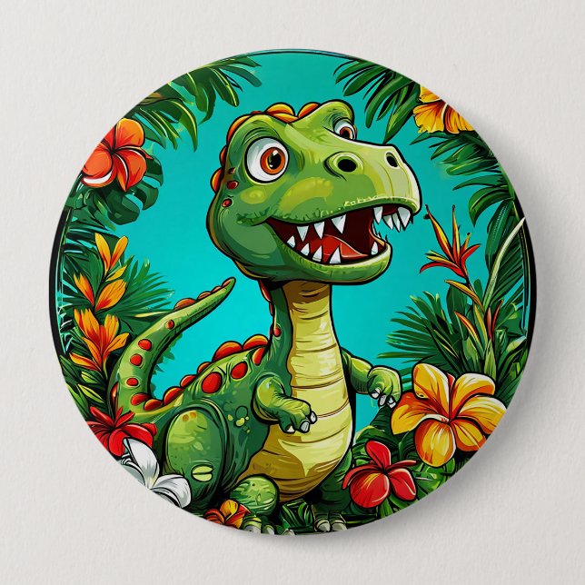 Adorable Dinosaur Surrounded by Colorful Flowers Button (Front)