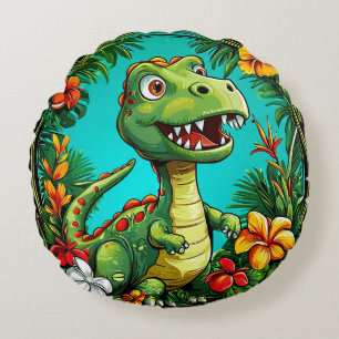 Adorable Dinosaur Surrounded by Colorful Flowers Round Pillow