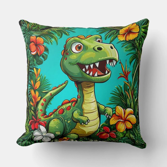 Adorable Dinosaur Surrounded by Colorful Flowers Throw Pillow (Front)