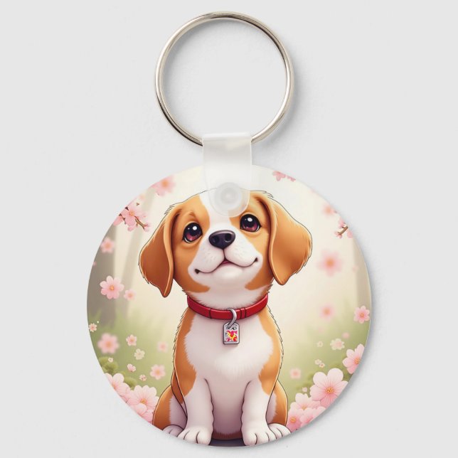 Adorable dog and blossoms	 keychain (Front)