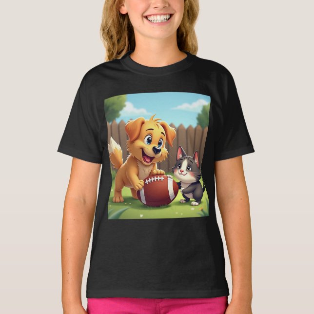 Adorable Dog and Cat Playing with a Football  T-Shirt (Front)