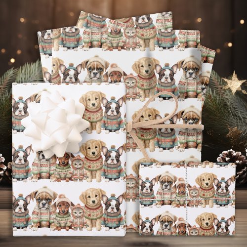 Adorable Dog Cat Pets Knitted Sweaters Christmas Wrapping Paper Sheets