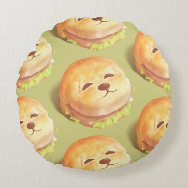 Adorable Dog Face Burger Pattern Round Pillow (Front)