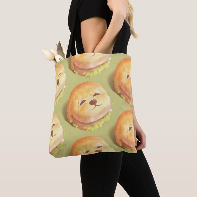 Adorable Dog Face Burger Pattern Tote Bag (Close Up)