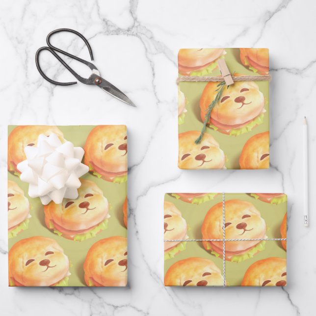 Adorable Dog Face Burger Pattern Wrapping Paper Sheets (Front)