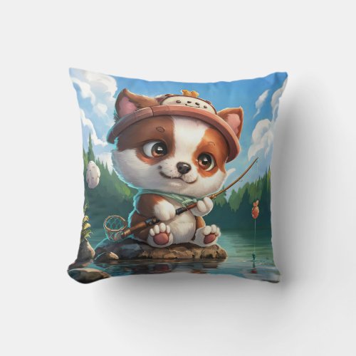 Adorable Dog Fishing for Fish in Wild Life Throw Pillow