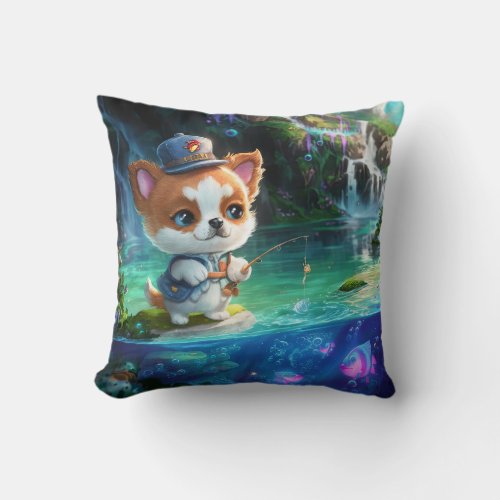Adorable Dog Fishing in a Magical Pool Throw Pillow