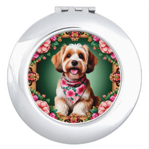 Adorable Dog Framed by Colorful Flowers Compact Mirror