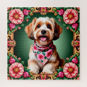 Adorable Dog Framed by Colorful Flowers Jigsaw Puzzle