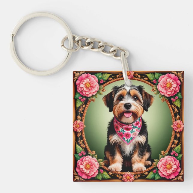 Adorable Dog Framed by Colorful Flowers Keychain (Front)