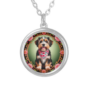 Adorable Dog Framed by Colorful Flowers Silver Plated Necklace