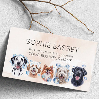 Adorable dog grooming, watercolor beige business card