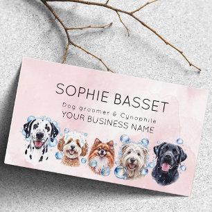 Adorable dog grooming, watercolor pink business card