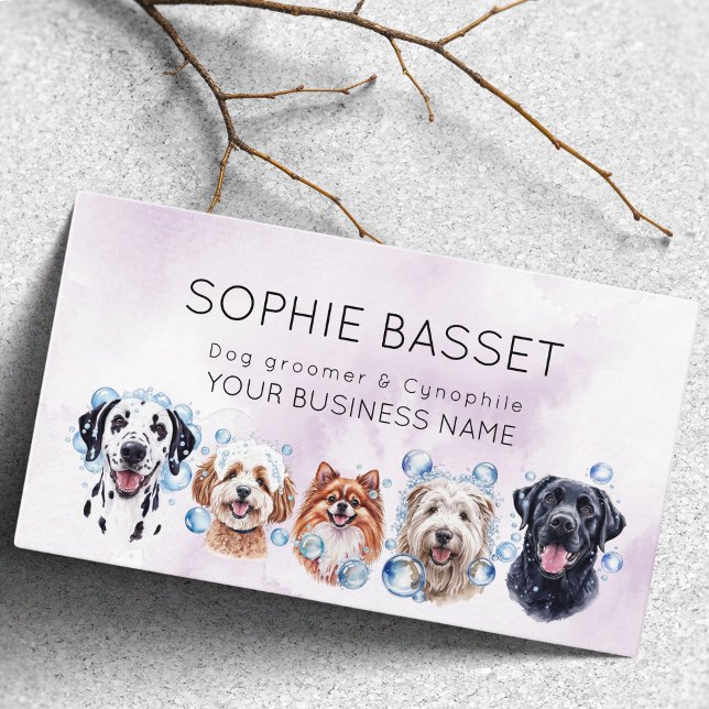 Adorable dog grooming watercolor purple business card (Creator Uploaded)