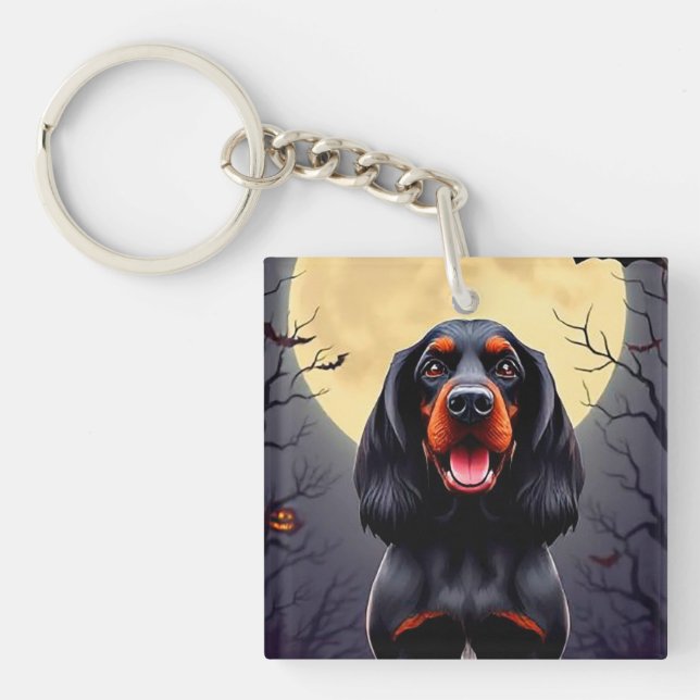 Adorable Dog in Halloween Scene with Pumpkins Keychain (Front)