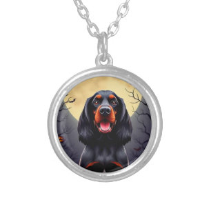 Adorable Dog in Halloween Scene with Pumpkins Silver Plated Necklace