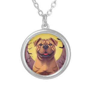 Adorable Dog in Halloween Scene with Pumpkins Silver Plated Necklace