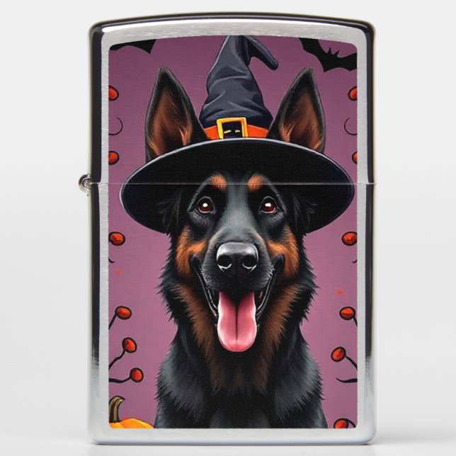 Adorable Dog in Halloween Scene with Pumpkins Zippo Lighter (Front)