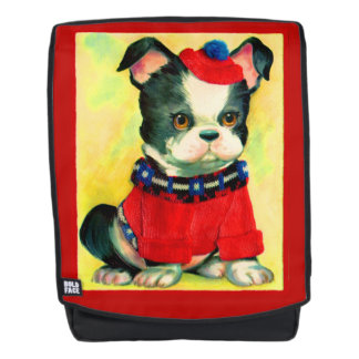 adorable dog in hat and sweater backpack
