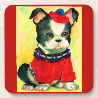 adorable dog in hat and sweater beverage coaster