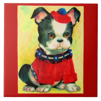 adorable dog in hat and sweater ceramic tile