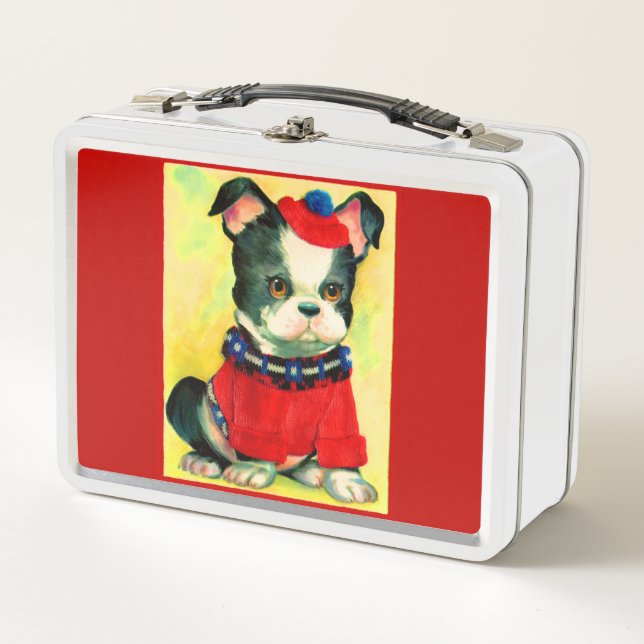 adorable dog in hat and sweater metal lunch box (Front)