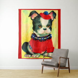 adorable dog in hat and sweater print tapestry