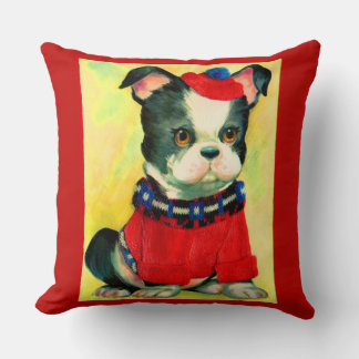 adorable dog in hat and sweater throw pillow