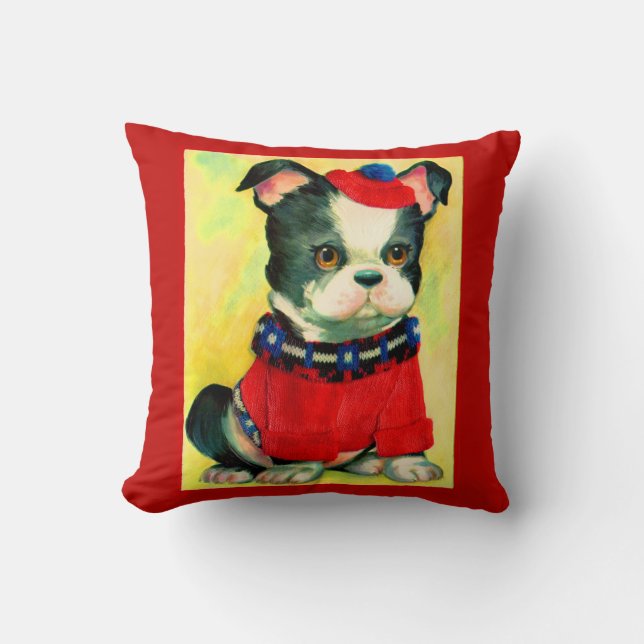 adorable dog in hat and sweater throw pillow (Front)