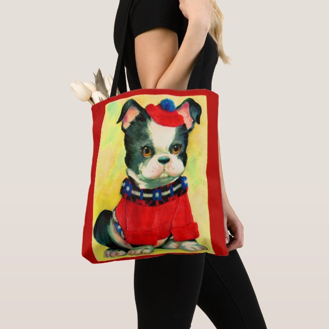 adorable dog in hat and sweater tote bag (Close Up)