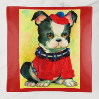 adorable dog in hat and sweater trinket tray