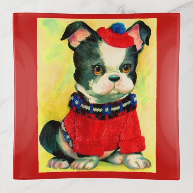 adorable dog in hat and sweater trinket tray (Front)