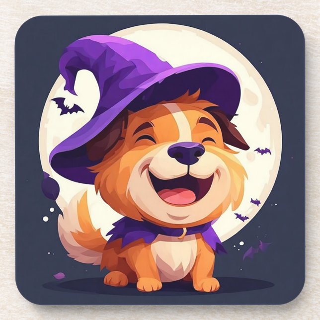 Adorable Dog in Witch Hat Beverage Coaster (Front)
