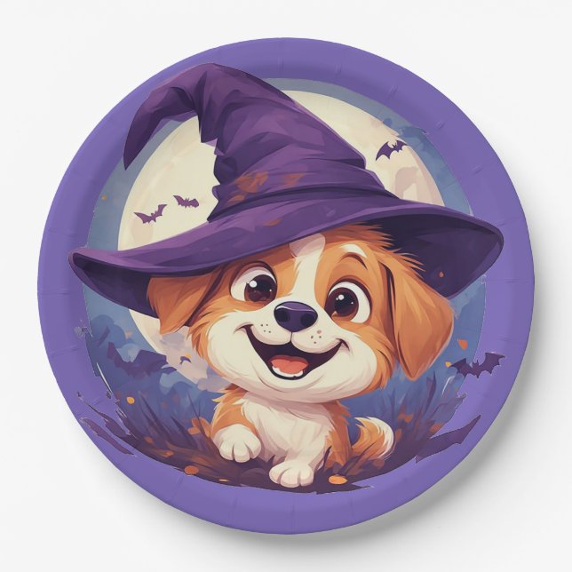 Adorable Dog in Witch Hat Paper Plates (Front)