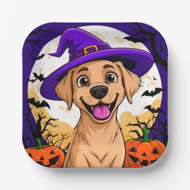 Adorable Dog in Witch Hat Paper Plates (Front)
