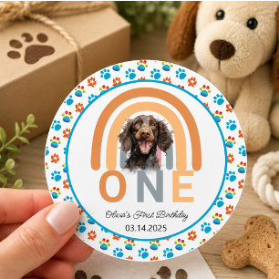 Adorable Dog Rainbow Watercolor 1st Birthday Party Classic Round Sticker
