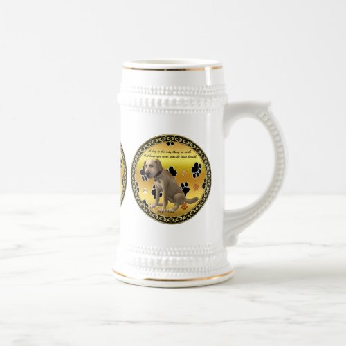 Adorable dog sitting with a cute fun quote beer stein