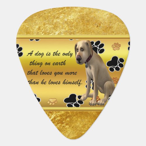 Adorable dog sitting with a cute fun quote guitar pick
