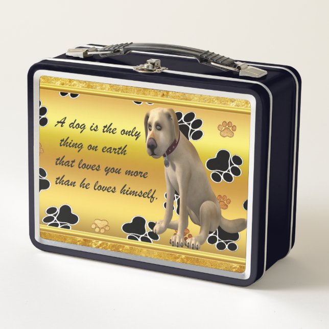Adorable dog sitting with a cute fun quote metal lunch box (Front)